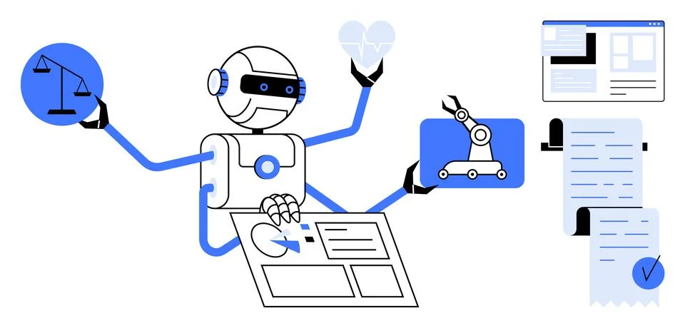 A robot with multiple arms performing tasks from different professions such a イラスト素材