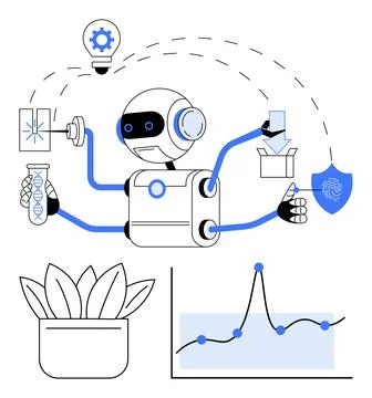 Robot with multiple arms performing tasks data analysis chart DNA vial plant  Stock Illustration