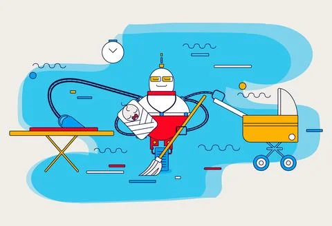 Robot multitasking. Color vector cartoon flat icon. Stock Illustration