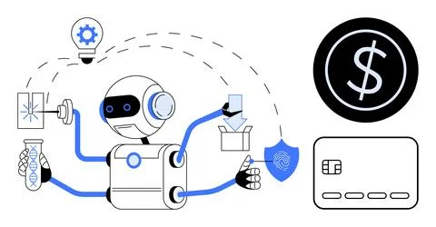 Robot multitasking with lab test tube, light bulb, and document near financia イラスト素材