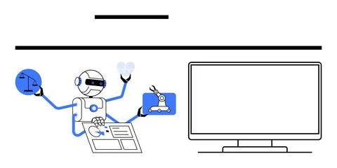 Robot multitasking with various futuristic technologies in front of a large Stockillustratie