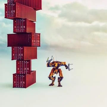 Robot near stat of cargo containers Stock Illustration