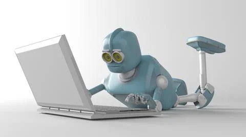 Robot with netbook,3d render. Stock Photos