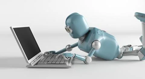 Robot with netbook,3d render. Stock Photos