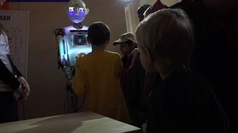 Robot. New technologies. AI. Robot actor tells stories. Stock Footage 50229140