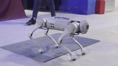 A robot with the number G01 on it is walking on a gray surface Video stock 279823420