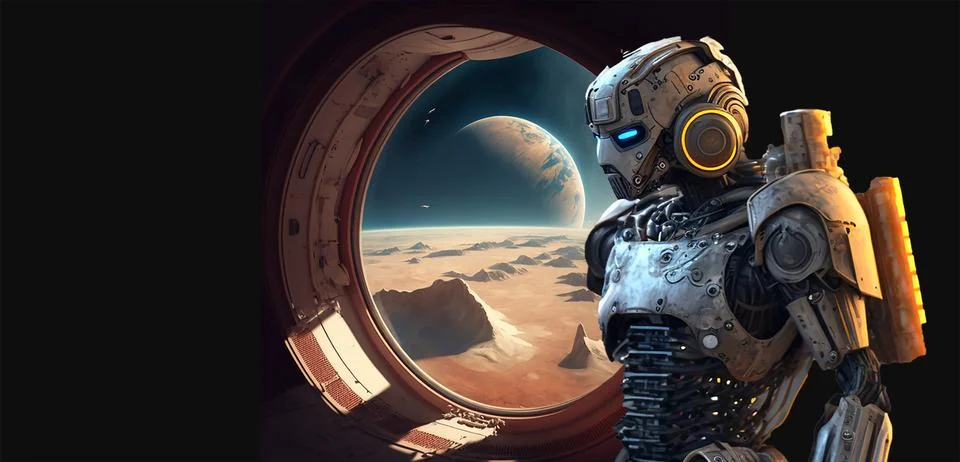 Robot observing from a ship in orbital flight a planet and another that arises Stock Illustration