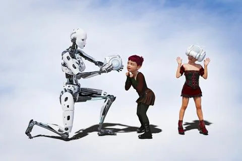 Robot offering virtual reality helmet to girl Illustrazione stock