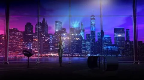 Robot in the office against the backdrop of the night cityscape, 3D render. Stock Illustration