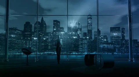 Robot in the office against the background of the night city, 3D render. Stock Illustration