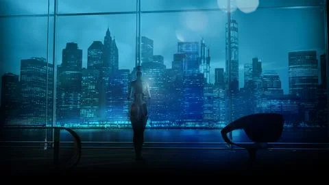 Robot in the office on the background of the night city, 3D render. Stock Illustration