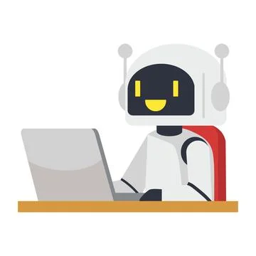 Robot office work with laptop Stock Illustration