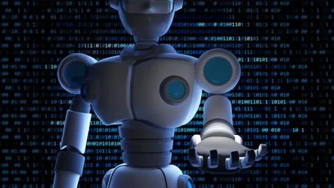 Robot open his hand with empty space and binary data number background, Artif Stock Illustration