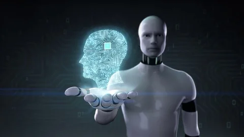 Robot open palm, Brain shape of head digital lines, artificial intelligence Stock Footage