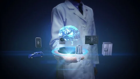 Robot open palm, digital brain connecting smart home devices, Internet of things Stock Footage