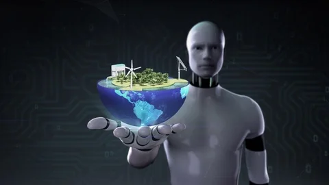 Robot open palm,  Earth changes Wind power energy panel, Eco-friendly. Stock Footage 69846313