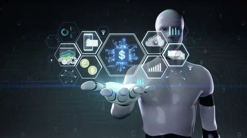 Robot open palm, Fin-tech, Financial technology, information icon. 4K size movie Stock Footage 81692003
