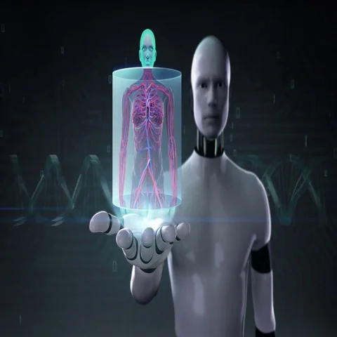 Robot open palm, front Female body and scanning Human blood vessel system. Stock Footage 69701974