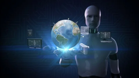Robot open palm, mobile devices connecting Global earth network communication. 動画素材 76895192
