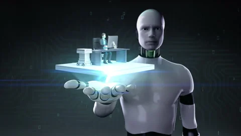 Robot opens palm, Smart office appear. Secretary robot works in office. 4k. Stockbeeldmateriaal 158790465