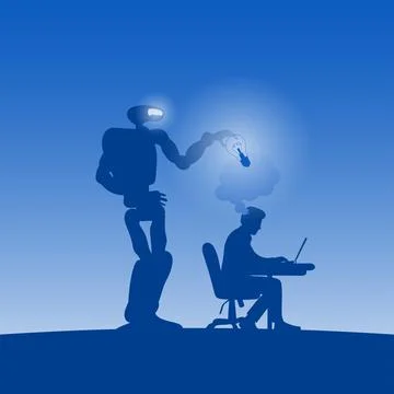Robot or AI stealing idea of businessman working on laptop computer Stock Illustration