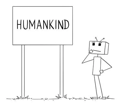 Robot or Ai Thinking About Future of Humankind, Vector Cartoon Stick Figure Stock Illustration
