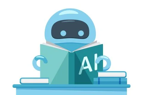 Robot or bot reading AI exercise book. Stock Illustration