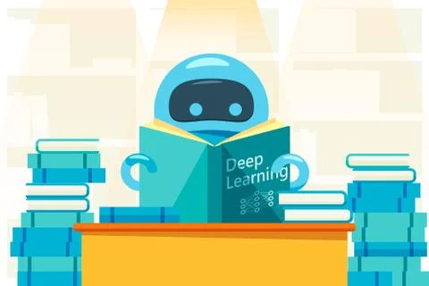 Robot or bot reading deep learning exercise book. Stock Illustration