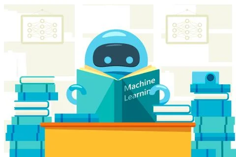 Robot or bot reading machine learning exercise book. Stock Illustration