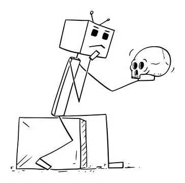 Robot or Hamlet Holding Human Skull and Thinking , Vector Cartoon Stick Figure Stock Illustration