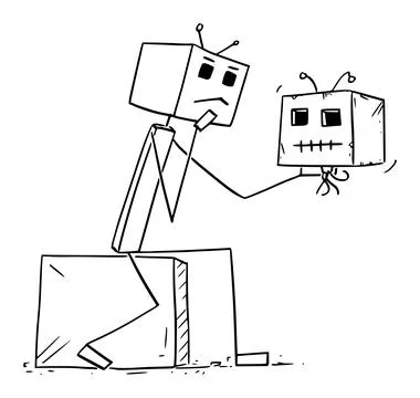 Robot or Hamlet Holding Robot Head or Skull and Thinking , Vector Cartoon Stick Stock Illustration