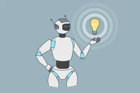 Robot or humanoid hold lightbulb generate idea Stock Illustration