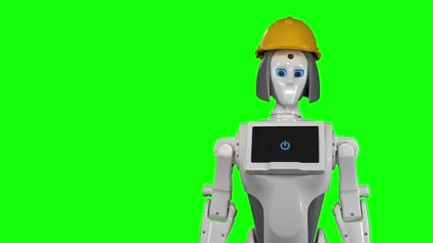 Robot in an orange builder's helmet waves bye. Green screen. Slow motion Stock Footage 97503659