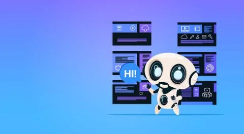 Robot over data privacy computing center with hosting servers infographic Stock Illustration