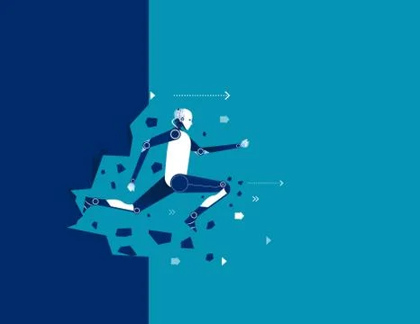 Robot over wall. Concept technology future illustration. Vector flat. Stock Illustration