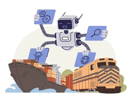 Robot Overseeing Logistics Operations with Cargo Ship and Freight Train Illustrazione stock