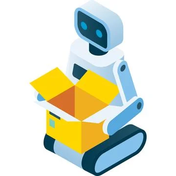 Robot packing parcel vector icon isolated on white Illustrazione stock
