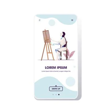 Robot painter using paintbrush and palette robotic artist sitting in front of Illustrazione stock