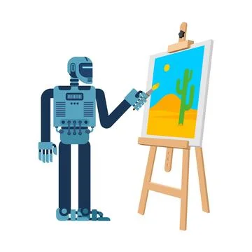 Robot painting landscape on canvas. Vector illustration of creative artific.. Stock Illustration
