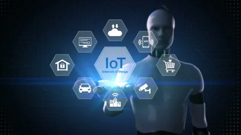 Robot palm, IoT hexagon icon, security, cctv, city, mobile, internet of thing. Video stock 87127094