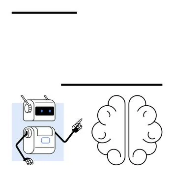 Robot with Pen Pointing at Brain Symbolizing AI and Cognitive Technology Stock Illustration