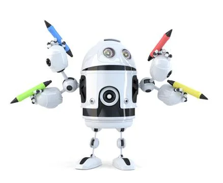Robot with pencils. Multitasking concept. Isolated. Contains clipping path Stock Illustration