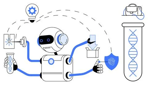 Robot performing a DNA test, holding a test tube, adjusting machinery, analyz 스톡 일러스트