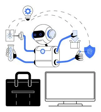 Robot Performing Multiple Tasks Including Research, Data Analysis, and Securi Stock Illustration