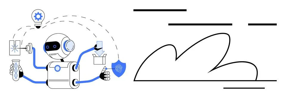 Robot Performing Multiple Tasks with Technology and Cloud Computing Elements Illustrazione stock