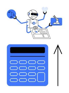 Robot Performing Tasks with Calculator, Scales, Blueprint, and Robotic Arm Stock Illustration