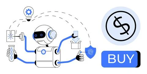 Robot performing tasks thumbs up light bulb creation, package handling, finge Stock Illustration