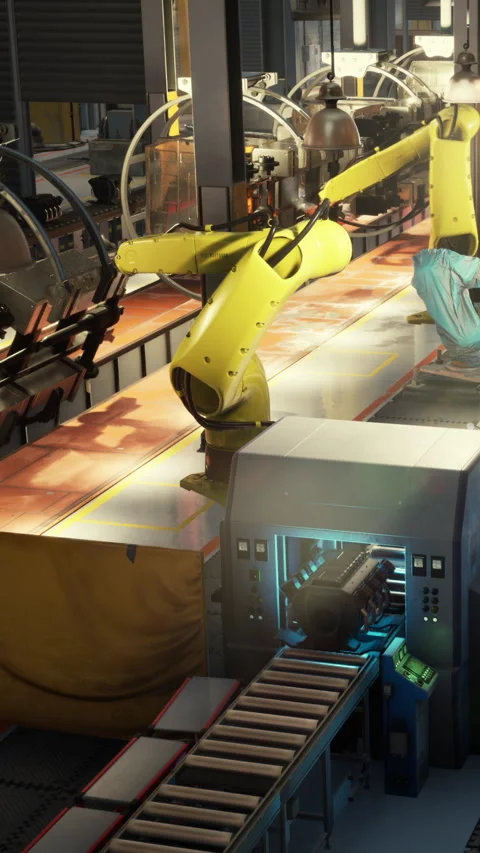 Robot performs tasks in a modern factory setting during daytime hours Stock Footage 342170670