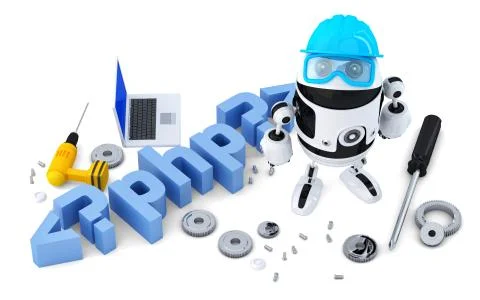 Robot with PHP sign. Technology concept. Isolated on white background. Contai Stockillustratie