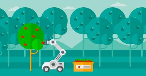 Robot picking apples at harvest time. Stock Illustration